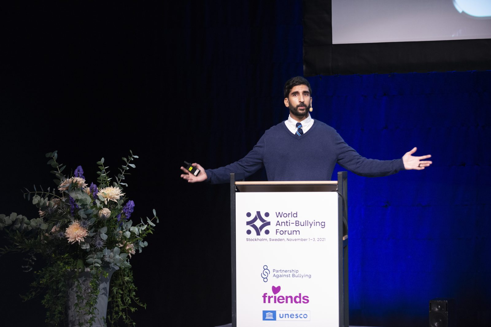 Sameer Hinduja delivering a keynote on bullying prevention at the World Anti-Bullying Forum