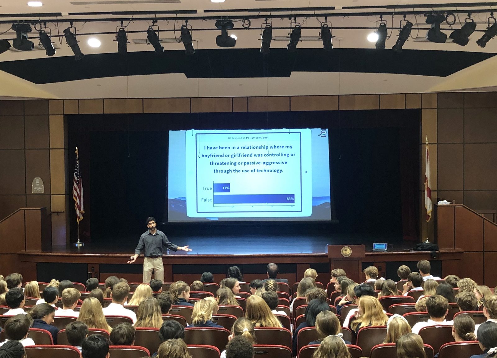 Sameer Hinduja presenting a student assembly on AI and online safety to middle and high school students